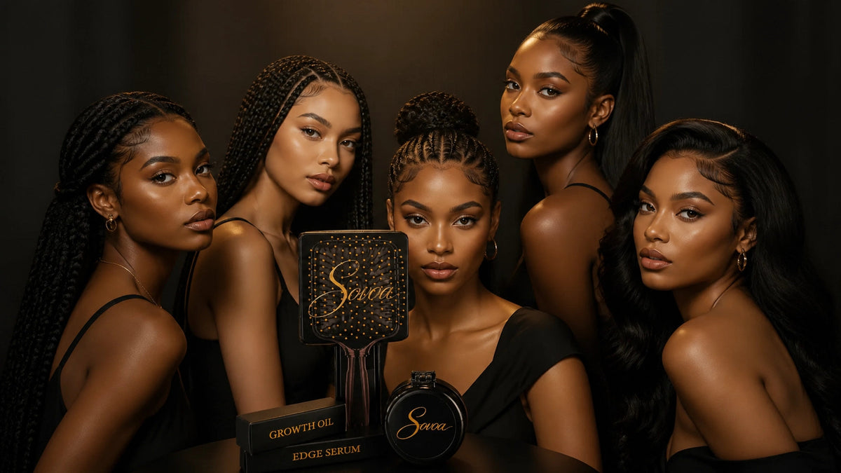 Woman wearing a protective hairstyle with Sovoa Beauty products