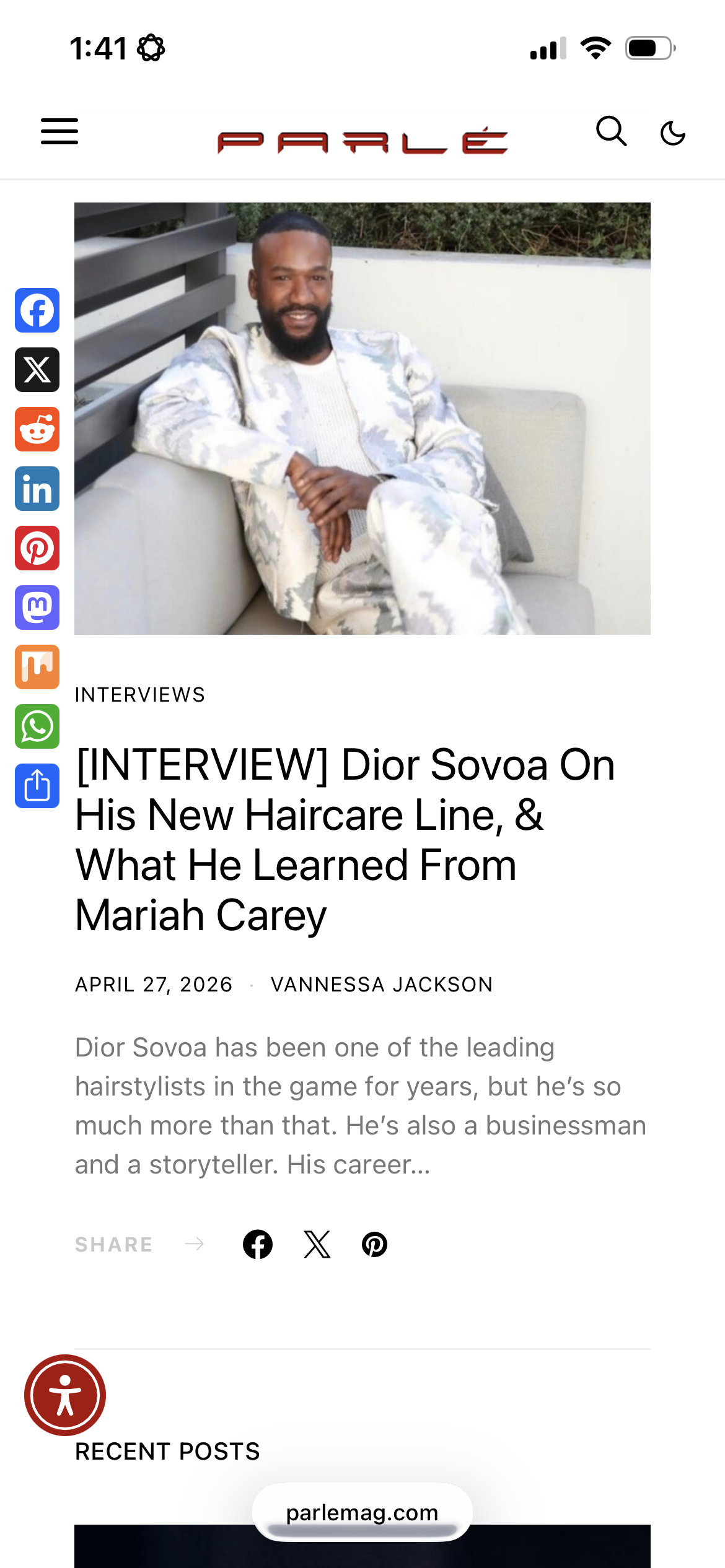 Parlemag article featuring Dior Sovova with text about his hairline line and learning from Mariah Carey.